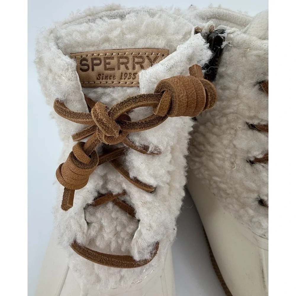 Sperry Saltwater Sherpa Duck Boots Waterproof‎ Lace Up Rain Booties Ivory 6.5